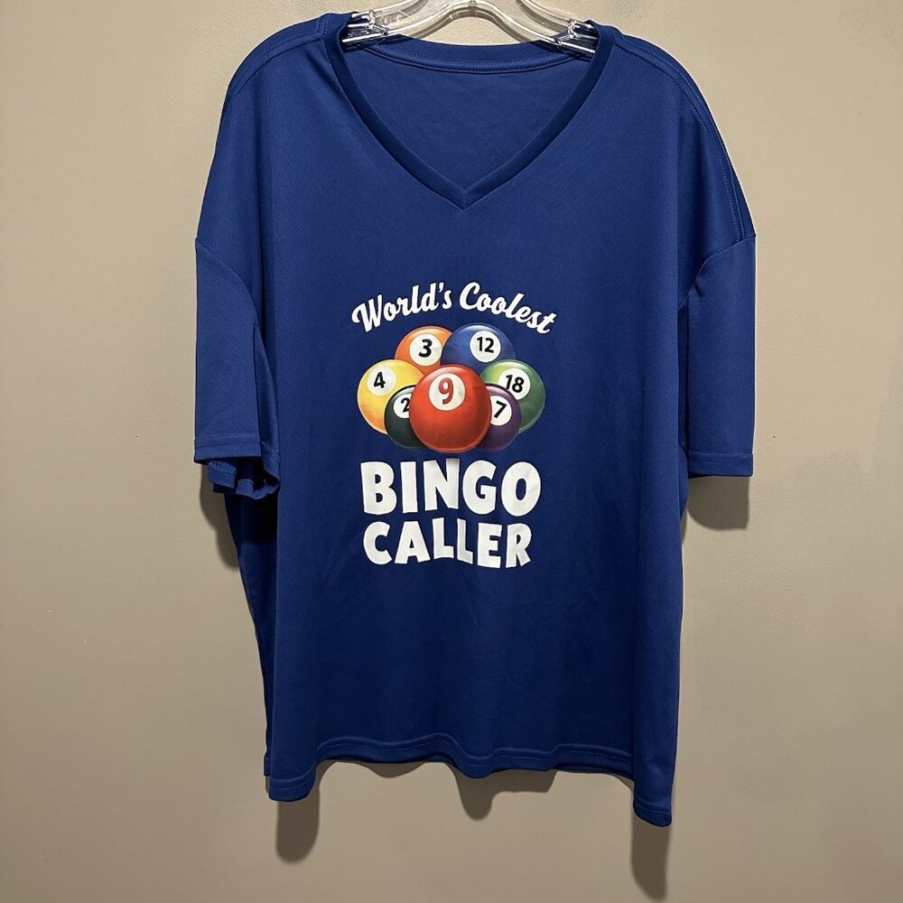 Bingo Shirt Mens 2XL XXL Short Sleeve Graphic Bingo Caller Blue Jersey Style